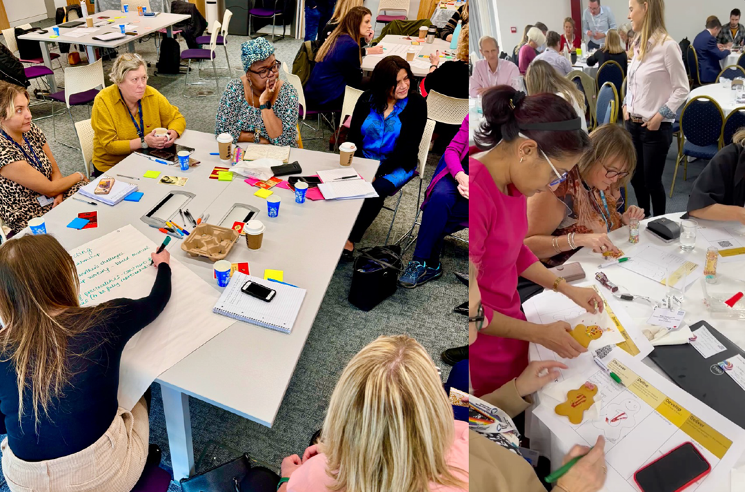 Groups of people cocreating around tables