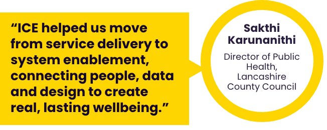 Quotation from Sakthi Karunanithi, Director of public health, Lancashire county Council - “ICE helped us move from service delivery to system enablement, connecting people, data and design to create real, lasting wellbeing.”