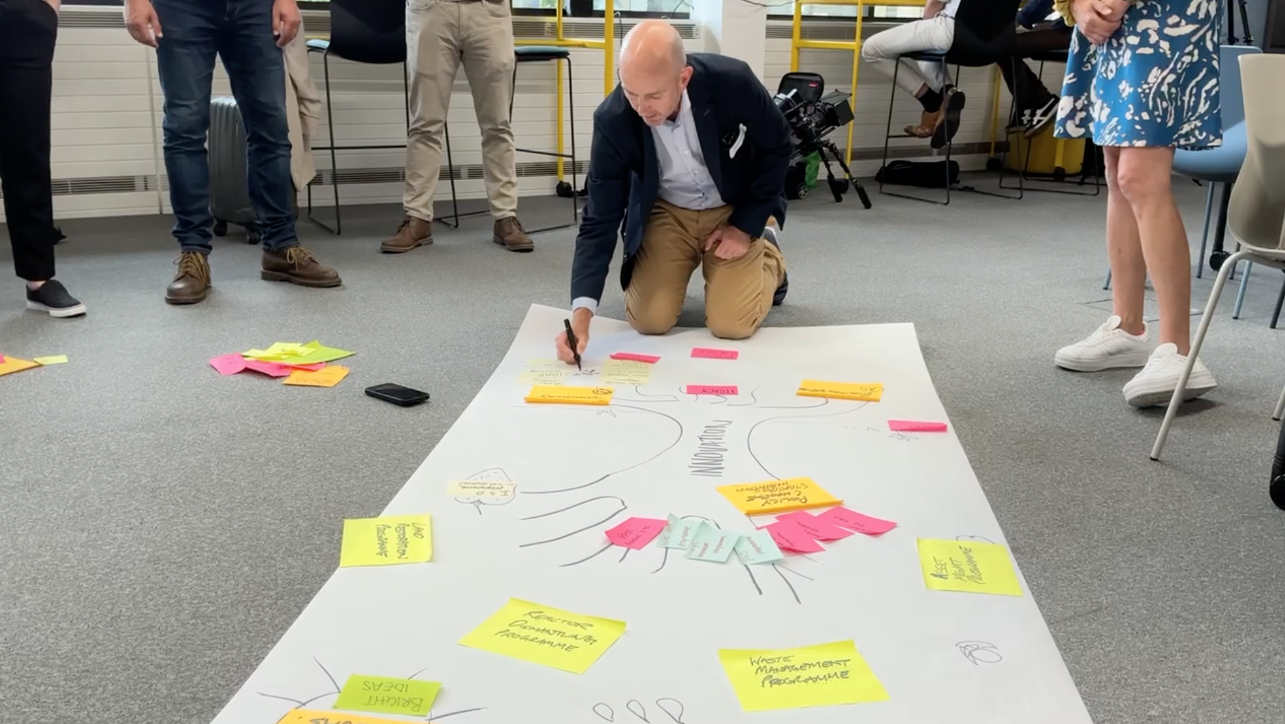 Man writing on a large diagram on the floor with other collaborators around him