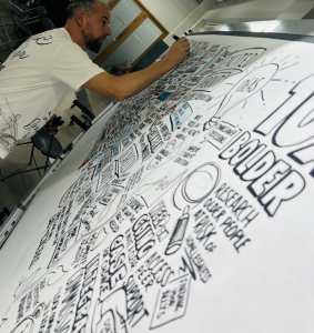 A Graphic Scribe Artist craft a Live Graphic scribe at an event