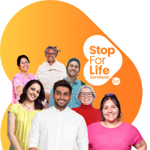 People and the Stop for Life Sandwell logo on and orange arrow