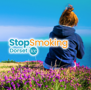 Lady onsetting on Dorset Coast with the Stop smoking Dorset Logo
