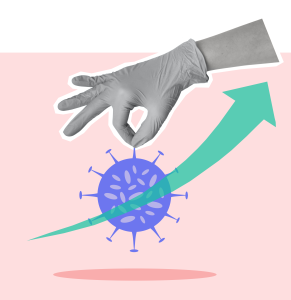 Modern collage of a virus with and overlaid arrow